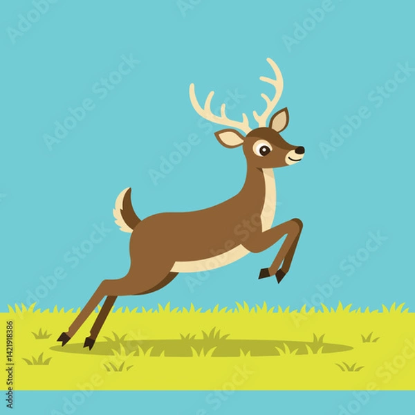 Obraz Deer jumping over grass field with blue sky natural wildlife animal vector illustration 