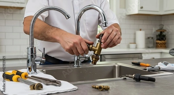 Obraz Kitchen Faucet Repair: Plumber Installing New Fixture