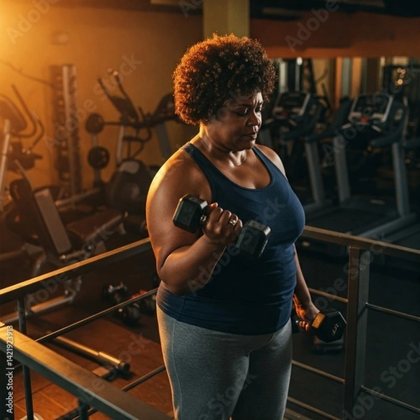 Fototapeta Focused Plus-Size African American Woman Lifting Dumbbells for Bicep Curls in a Warmly Lit Gym