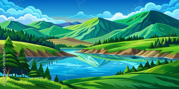 Fototapeta Amazing summer illustration landscape with field green hills, lake and forest. Vector in trendy flat simple style. banner, greeting card or poster, blue sky and clouds