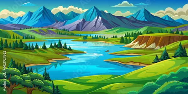 Fototapeta Amazing summer illustration landscape with field green hills, lake and forest. Vector in trendy flat simple style. banner, greeting card or poster, blue sky and clouds