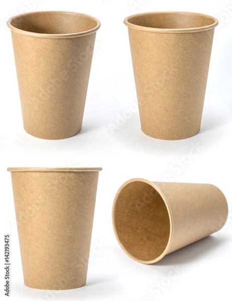 Obraz Four paper brown cups for coffee or tea, isolated on white background