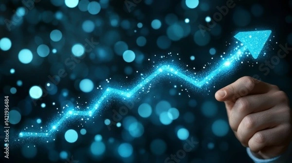 Fototapeta Hand interacting with a glowing blue upward arrow, bokeh background.
