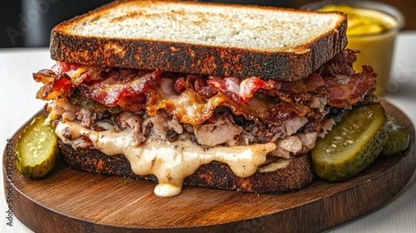 Fototapeta Feast your eyes on this magnificent sandwich, a symphony of flavors and textures that will tantalize your taste buds Layers of savory meat, melted cheese, and tangy pickles unite between slices of