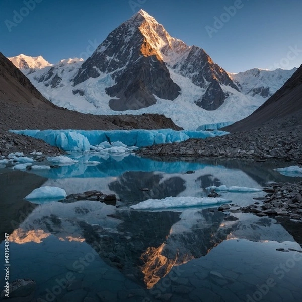 Fototapeta K2 reflected in a glacial pool, the still water mirroring the awe-inspiring symmetry of the peak under a cobalt sky.