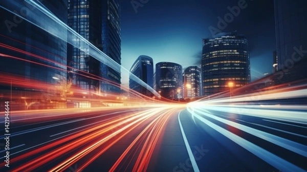 Fototapeta Light trails on the modern building background. Light trails at night in urban environment, Abstract Motion Blur City, traffic, transportation, street, road, speed.
