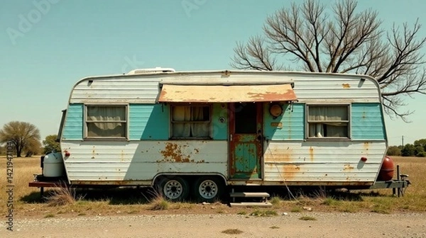 Fototapeta Rustic Vintage Trailer Parked in a Sunny Field Near a Leafless Tree