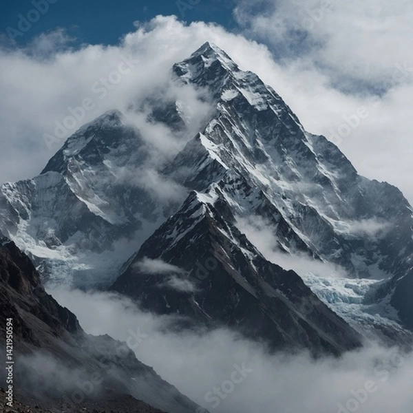 Fototapeta K2 shrouded in mist and mystery, where the mountain vanishes into the clouds, becoming an illusion of white, gray, and ghostly blue.