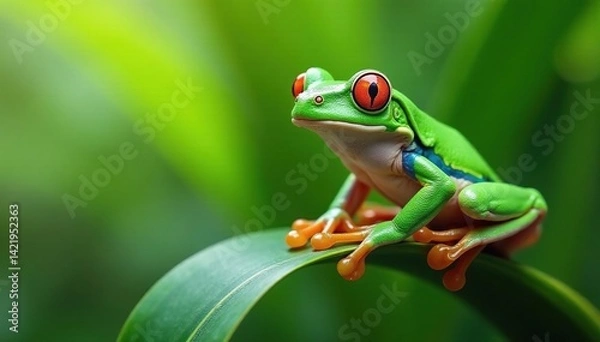 Fototapeta Green tree frog perched on white, vibrant color , nature, wildlife
