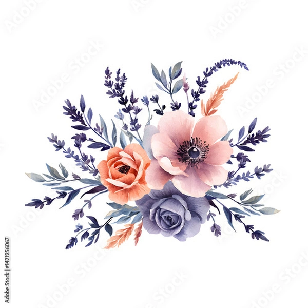 Fototapeta Watercolor illustration of bouquet with pink and lilac flowers on white background