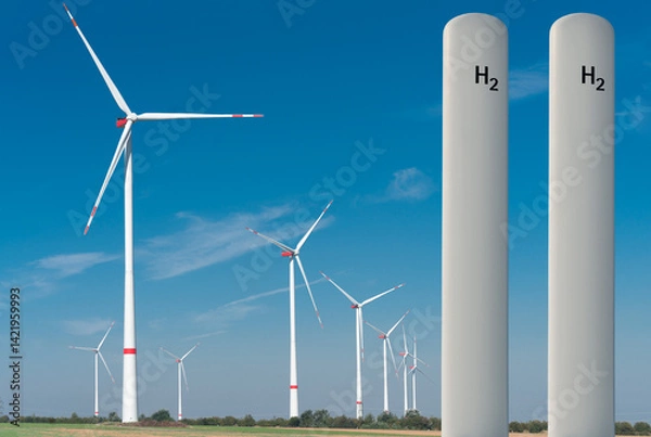 Fototapeta Green hydrogen from wind energy using electrolysis – storage in H2 tanks