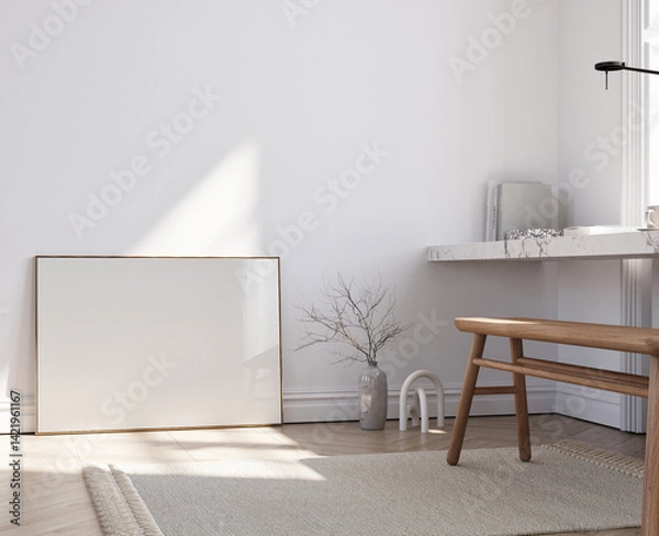 Fototapeta Minimalism interior with mockup poster, pure light and shadow in art room, 3d illustration.