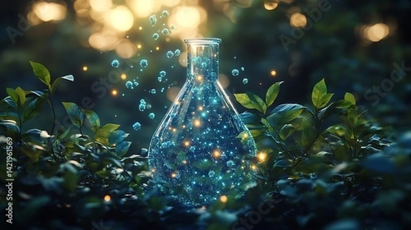 Fototapeta Enchanting glass flask surrounded by glowing particles in a mystical forest setting.