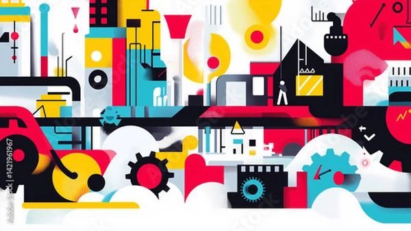 Fototapeta background for International Labor Day, energetic and bold composition using symbolic objects only gears, hard hats, tools, factories, sparks, rising sun, dynamic arrows, abstract machinery