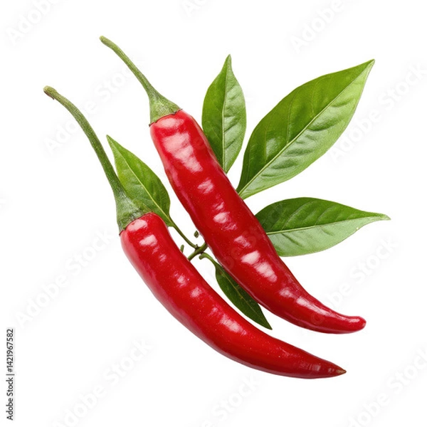 Fototapeta Two vibrant red chili peppers glistening with freshness, nestled amongst lush green leaves, a fiery symbol of spice and zest.