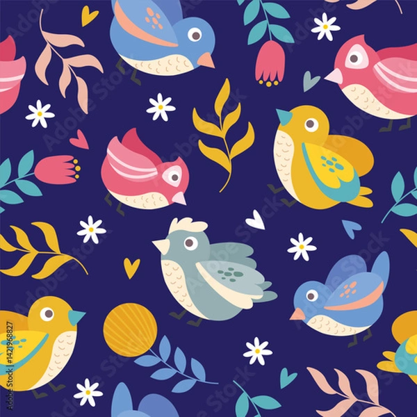 Fototapeta Vector spring birds seamless pattern background