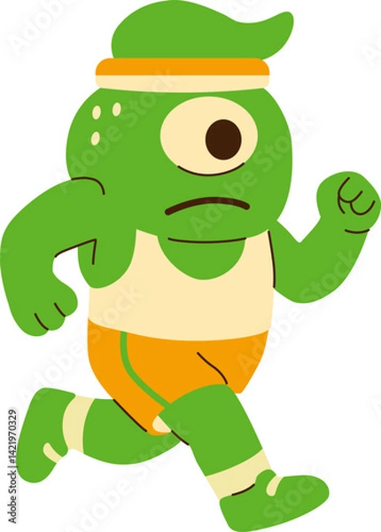 Obraz Green Cartoon Monster Running in Athletic Outfit and Headband
