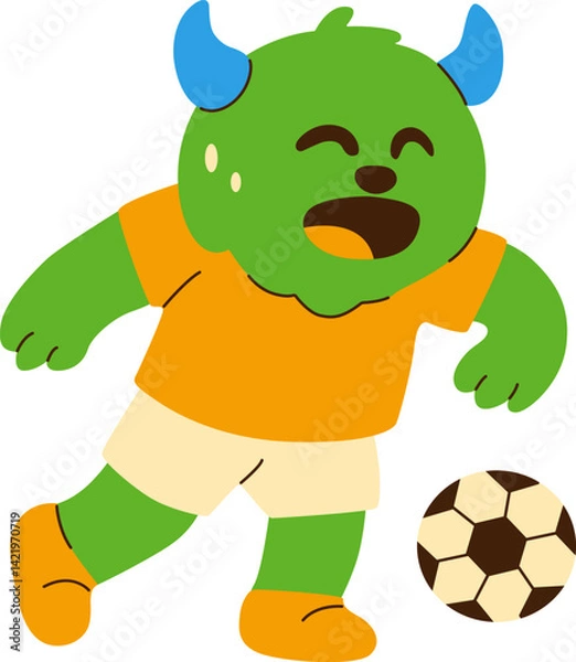 Fototapeta Cartoon Green Monster Playing Soccer With Enthusiasm and Joy