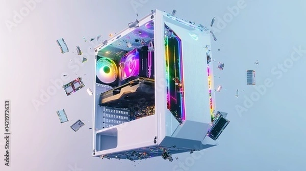 Fototapeta White gaming pc computer build with rgb fans and components for desktop and high performance system