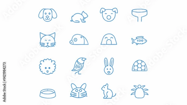 Fototapeta Set of Minimal Blue Line Art Icons Representing Common Pet Animals