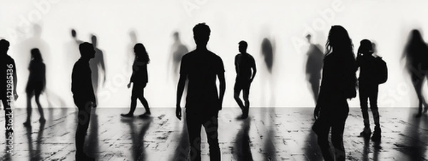 Obraz Monochrome silhouettes of people mingle at an art exhibition, creating an atmosphere of intrigue and creativity.