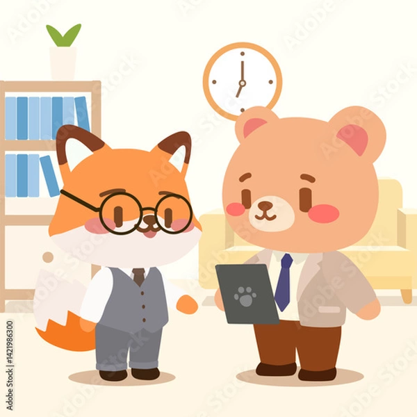 Obraz Cute Fox and Bear Characters in Office Attire Having a Meeting. Adorable Cartoon Business Scene with Fox and Bear. 