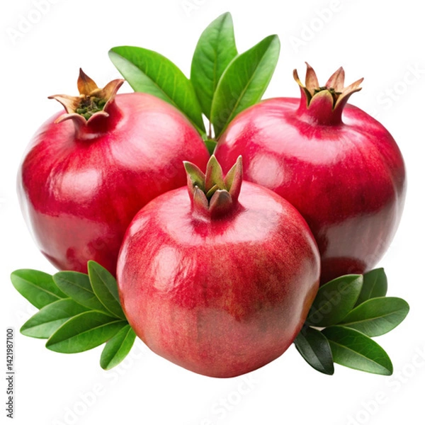 Fototapeta Three pomegranates with leaves isolated on transparent background  
