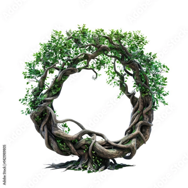Fototapeta An ancient, intertwined tree forming a mystical circle, symbolizing life's unending cycle and resilience, with lush green foliage and gnarled roots against a pure white background.