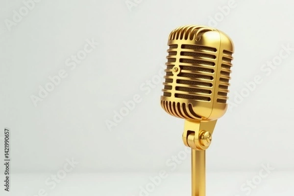 Obraz Golden microphone on white background, close-up, white, isolated, texture
