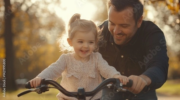 Fototapeta A joyful moment between a father and daughter on a bike ride.