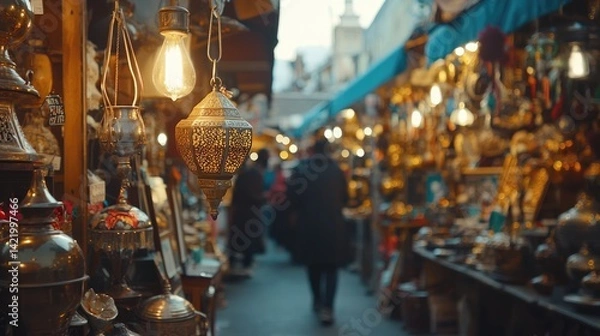 Fototapeta Bustling market filled with intricate lamps and decorative items.