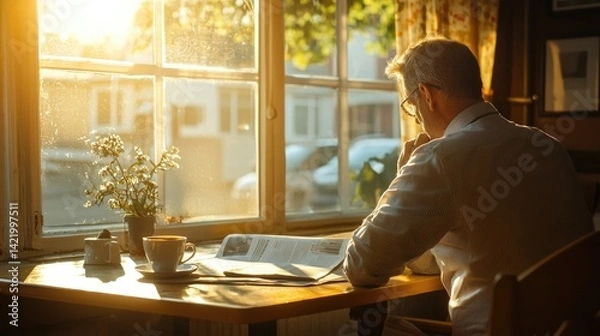 Fototapeta Man working at a table by a sunlit window with coffee and flowers.