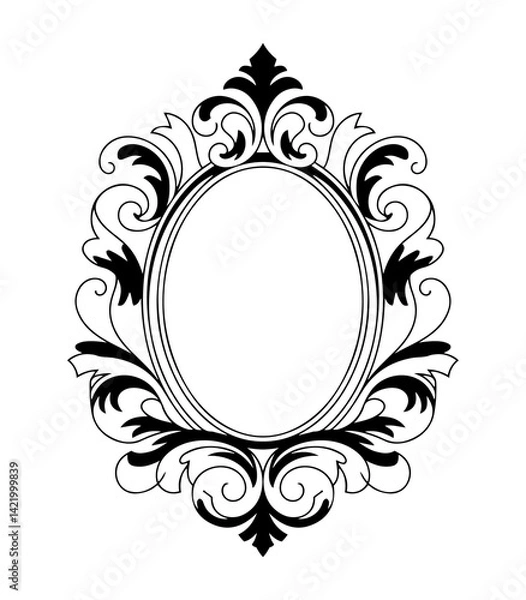 Fototapeta Black and white ornate baroque oval frame with vintage decorative floral scrollwork.