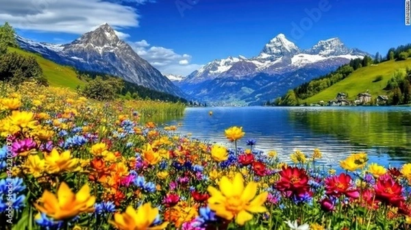 Fototapeta Alpine Lake Spring Bloom: A Serene Mountain Vista