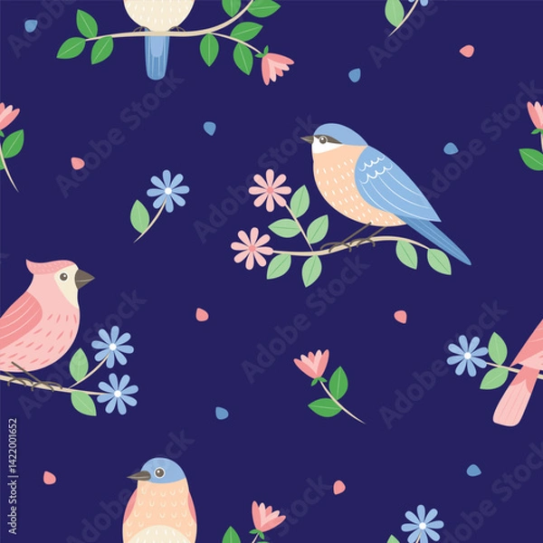 Fototapeta Vector spring birds seamless pattern background