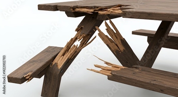 Fototapeta Closeup of Broken Wooden Picnic Table Leg on White Background