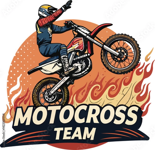 Fototapeta Energetic Motocross Rider Logo with Thrilling Stunt and Fiery Design