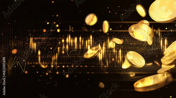 Fototapeta Flying bitcoin and falling charts gold coins tossed on black background. Generated by Ai