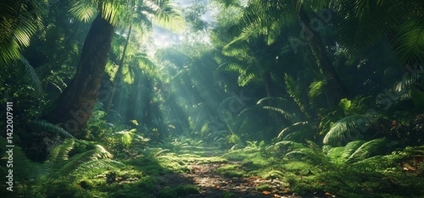 Fototapeta Lush Tropical Paradise: Sunlight Filtering Through Dense Canopy of Palm Trees