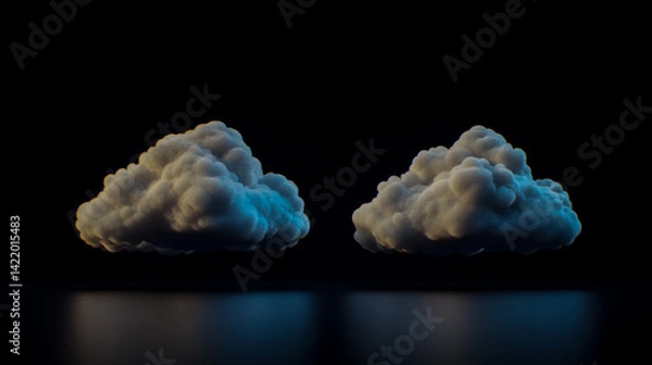 Obraz Two cloud formations isolated on black background sky weather forecast element design concept 