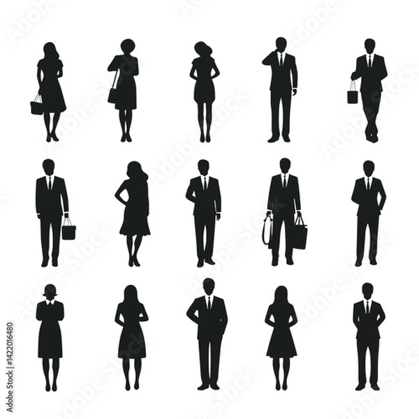 Fototapeta Silhouettes of diverse professional men and women standing in various poses on a transparent background png