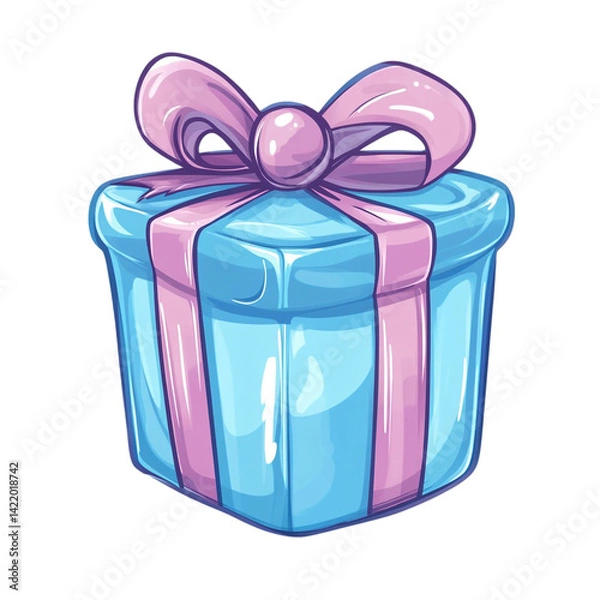 Fototapeta A light blue gift box with a pink ribbon and bow a perfect present
