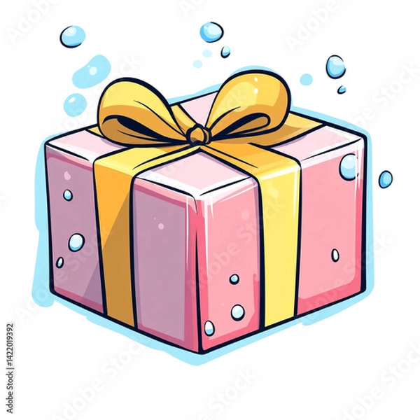 Fototapeta Pink gift box with yellow ribbon and bow surrounded by bubbles