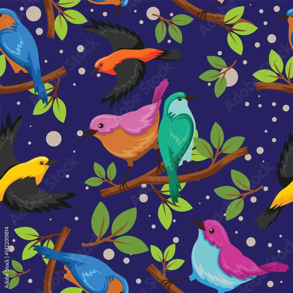 Fototapeta Vector spring birds seamless pattern background