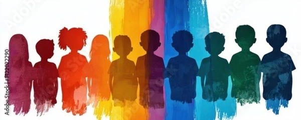 Fototapeta A vibrant silhouette of children against a colorful background, symbolizing diversity and unity among different cultures and backgrounds.