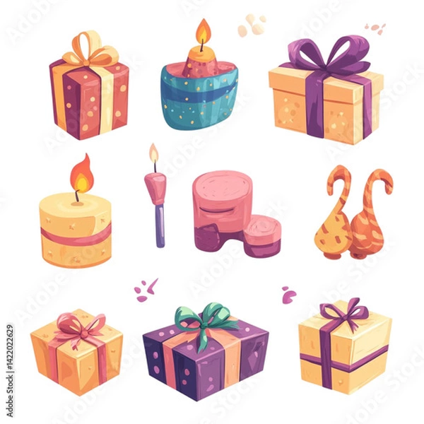 Fototapeta Colorful gifts candles and cute characters a festive collection