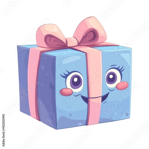 Fototapeta A cute gift box with a smiling face and pink ribbon looks happy