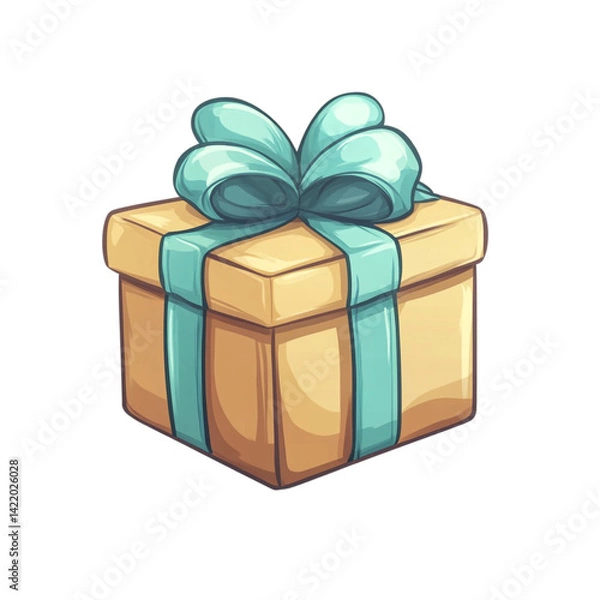 Fototapeta A tan gift box with a teal ribbon and bow a perfect present