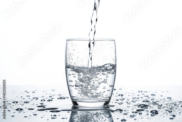 Obraz Fresh water being poured into a clear glass creating ripples and splashes on a reflective surface in a bright setting