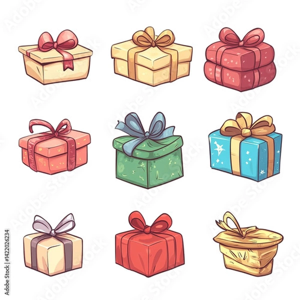 Fototapeta Nine colorful gift boxes with different bows a collection of presents